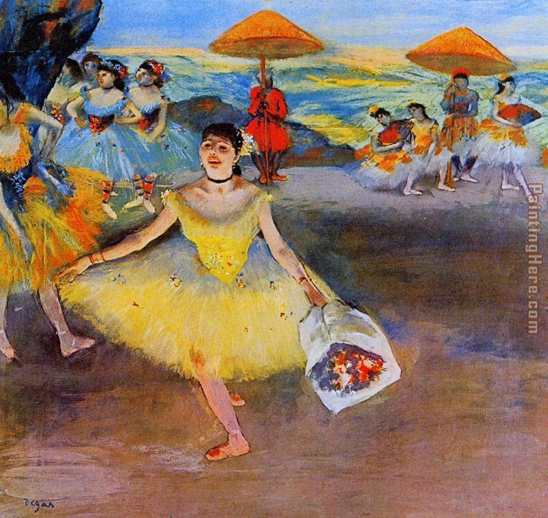 Dancer with bouquet, curtseying